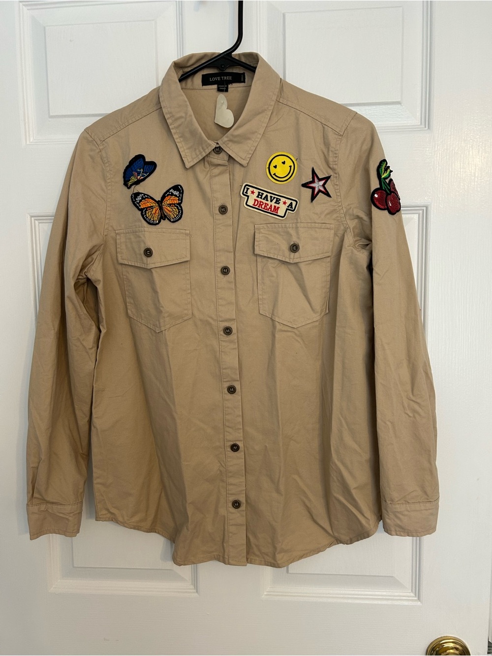 NWT Love Tree Tan Embellished Button-Front Shirt